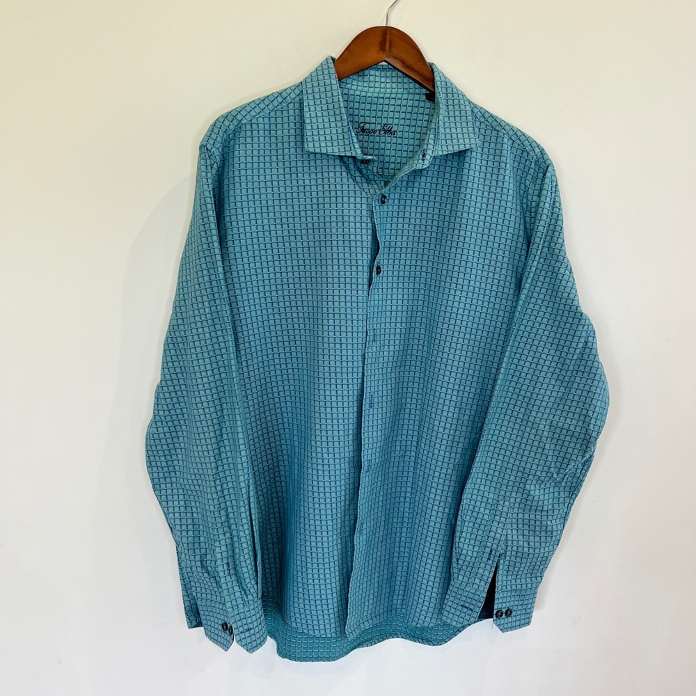 Tasso Elba Mens XL Teal Blue Grid Button Down Shirt 100% Cotton Long Sleeve